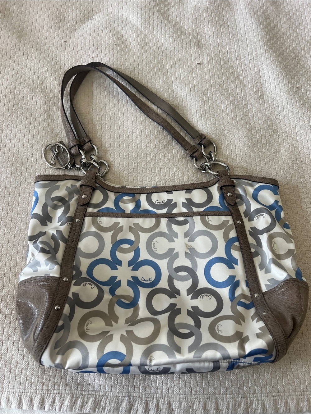 Coach Logo Print Tote in Blue, Gray and Brown Trim